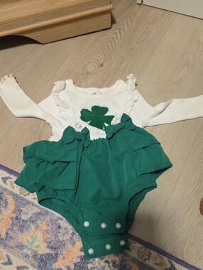 Amazon White and Green Baby Girls Clover Ruffle Romper